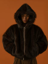Black Red Hooded Faux Fur Coat