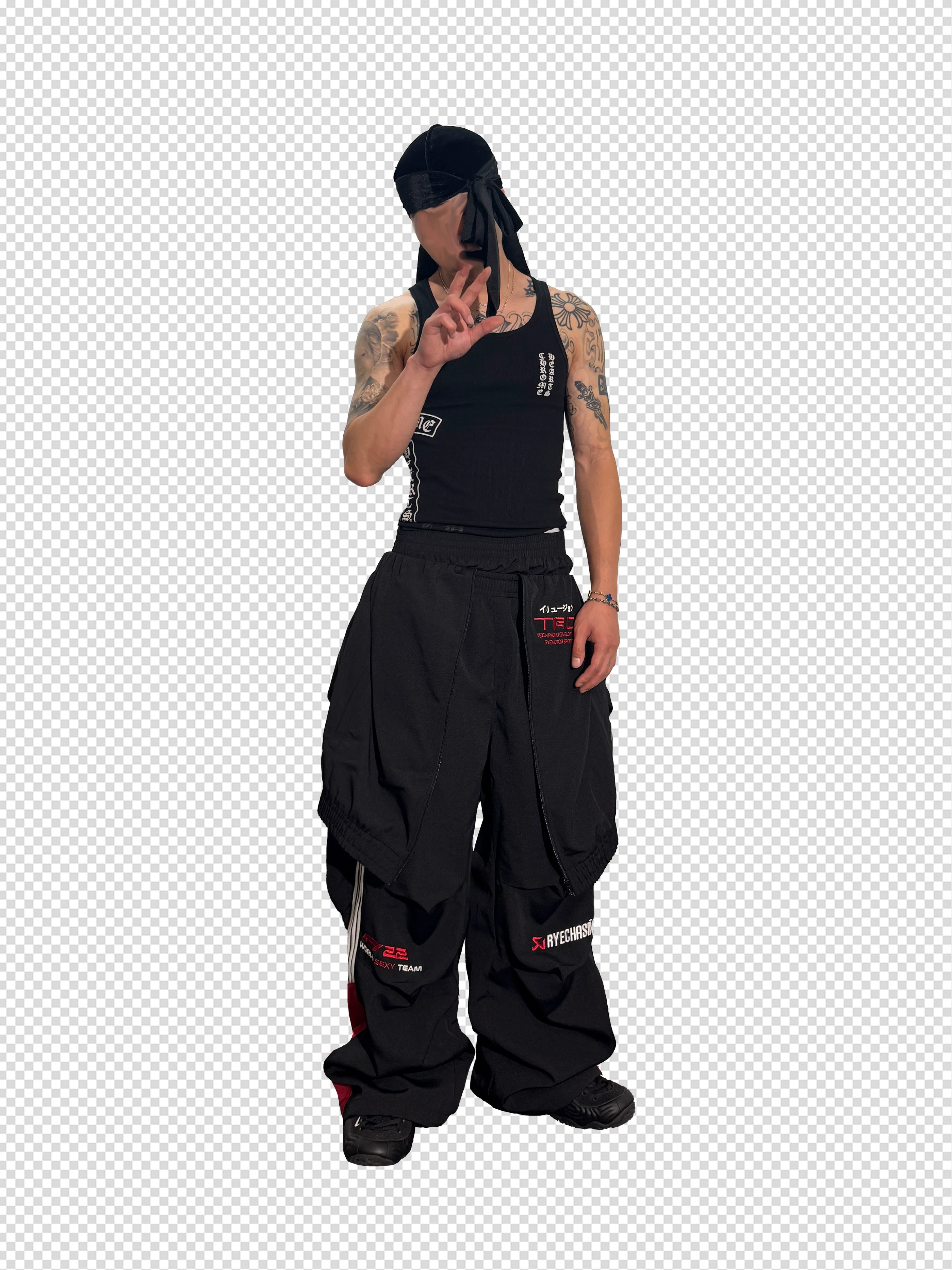 Double Waistband Two-In-One Black-Red Racing Pants