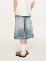 Whisker Wash Button Denim Shorts