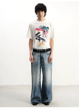 Grey Blue Distressed Wide Leg Jeans