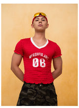 Red White Ruffled Cropped V-Neck Tee