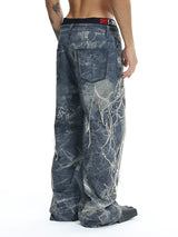 Ripped Spider Embroidered Straight Jeans