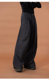 Men's Loose Gray Pleated Denim Pants
