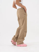 Black Khaki Drawstring Wide Leg Pants