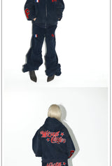 Navy Washed Embroidered Cropped Zip-Up Hoodie