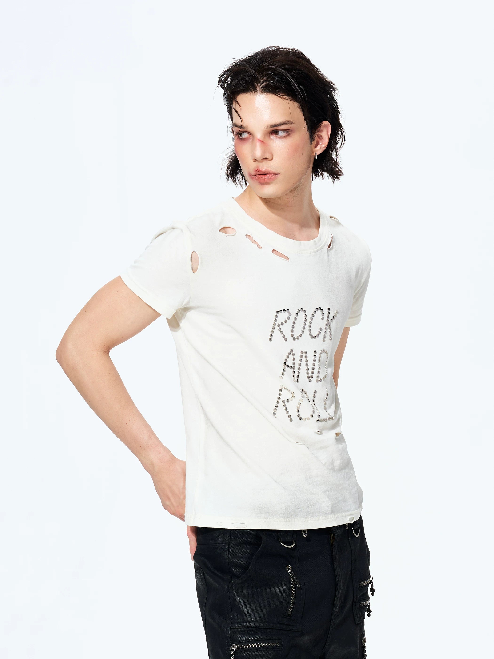 Unisex Rivet Letter Washed Distressed Tees