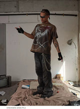 Black Washed Distressed Straight Flared Jeans