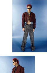 Cropped Two-Piece Maroon Denim Bomber Jacket