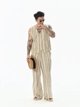 Distressed Vintage Striped Vest Pants Set