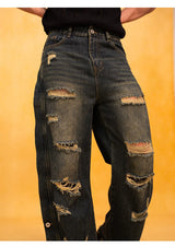 Men's Dark Distressed Slit Wide Jeans