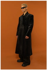 Men's Long Black Velvet Wool Coat