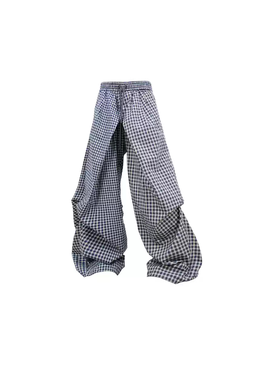 Asymmetric Cross Plaid Pleated Casual Pants
