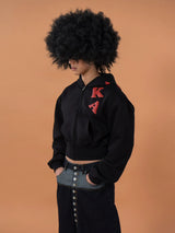 Men's Black Cropped Graphic Hooded Cardigan