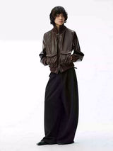 Cropped Double Zipper Waxed Leather Jacket