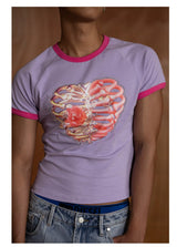 Slim Purple Heart Skeleton Rhinestone Tee