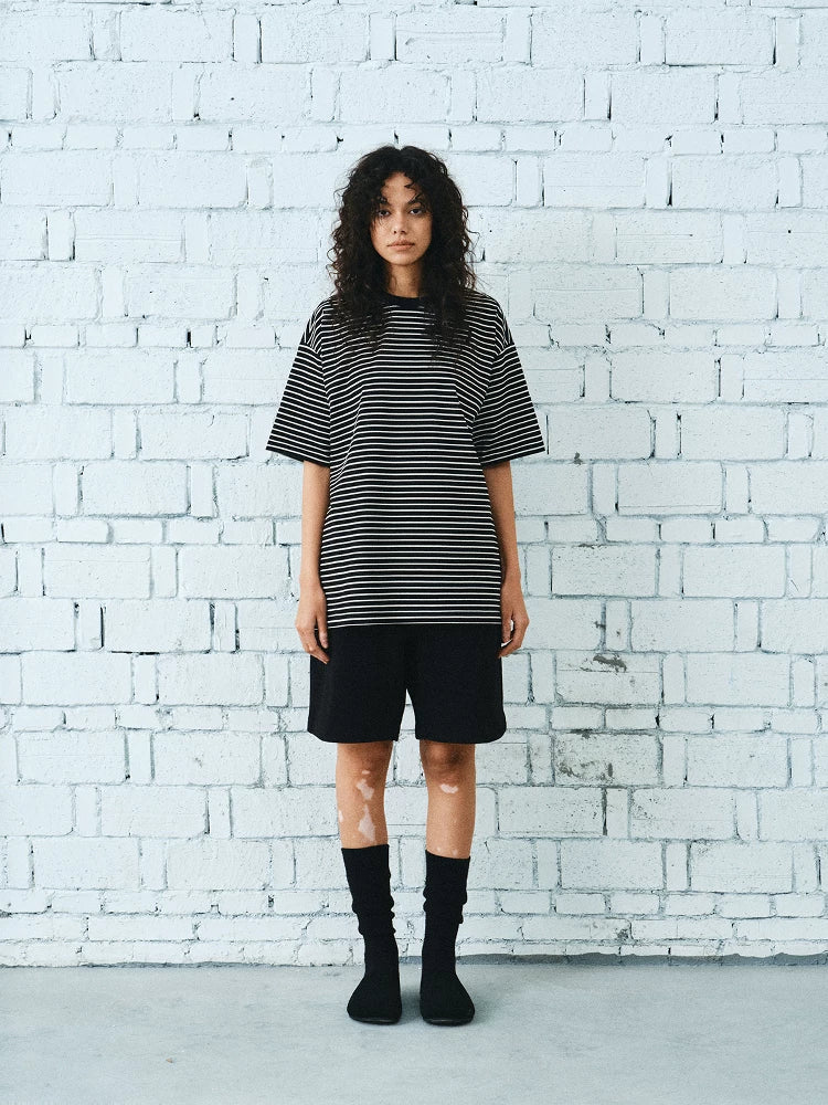 Black White Striped Cotton Silk T-Shirt