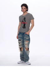 Letter Print Striped Short Sleeve Tees