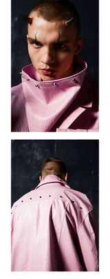 Two-Tone Metal Buckle Leather Trench Coat
