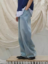 Washed Semi-Zip Relaxed Straight Leather-Patch Jeans