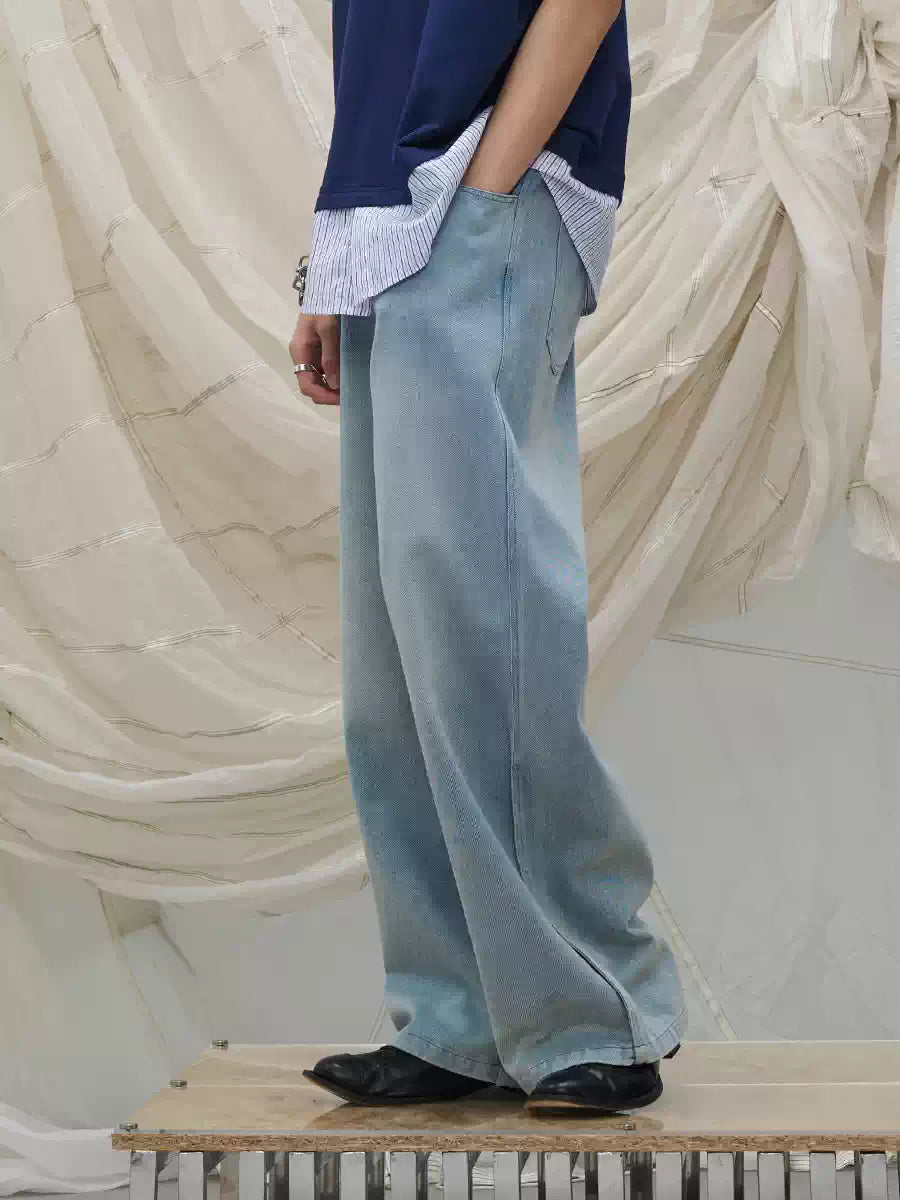 Washed Semi-Zip Relaxed Straight Leather-Patch Jeans