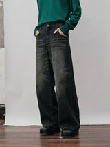 Distressed Whiskered Straight Leg Jeans