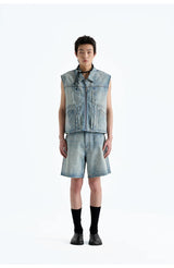 Heavy Distressed Denim Square-Collar Crop-Zip Vest