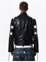 Men's Cropped Star Leather Biker Jacket