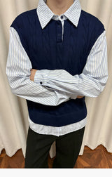 Wool Contrast Fake Two-piece Polo Sweater
