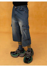 Men's Blue Relaxed Cargo Cropped Jeans