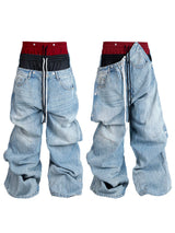 Double Waistband Drawstring Washed Blue Jeans