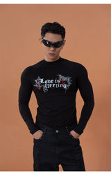 Black Gothic Print Fitted Long-Sleeve Tee