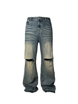 Two-Tone Distressed Wide Leg Flared Jeans