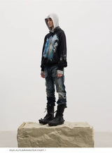 Curved Leg Stretchy Washed Distressed Jeans