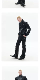 Slim Curved Leather Pants with Zippers