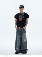 Distressed Striped Patchwork Baggy Work Pants
