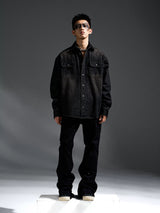 Washed Distressed Patchwork Denim Shirt Jacket