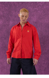 Red Oversized Collared Long Sleeve Shirt