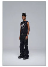 Stretchy Black Printed Ribbed Tank Top