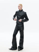 Black Zipped Coated Flared Leather Pants