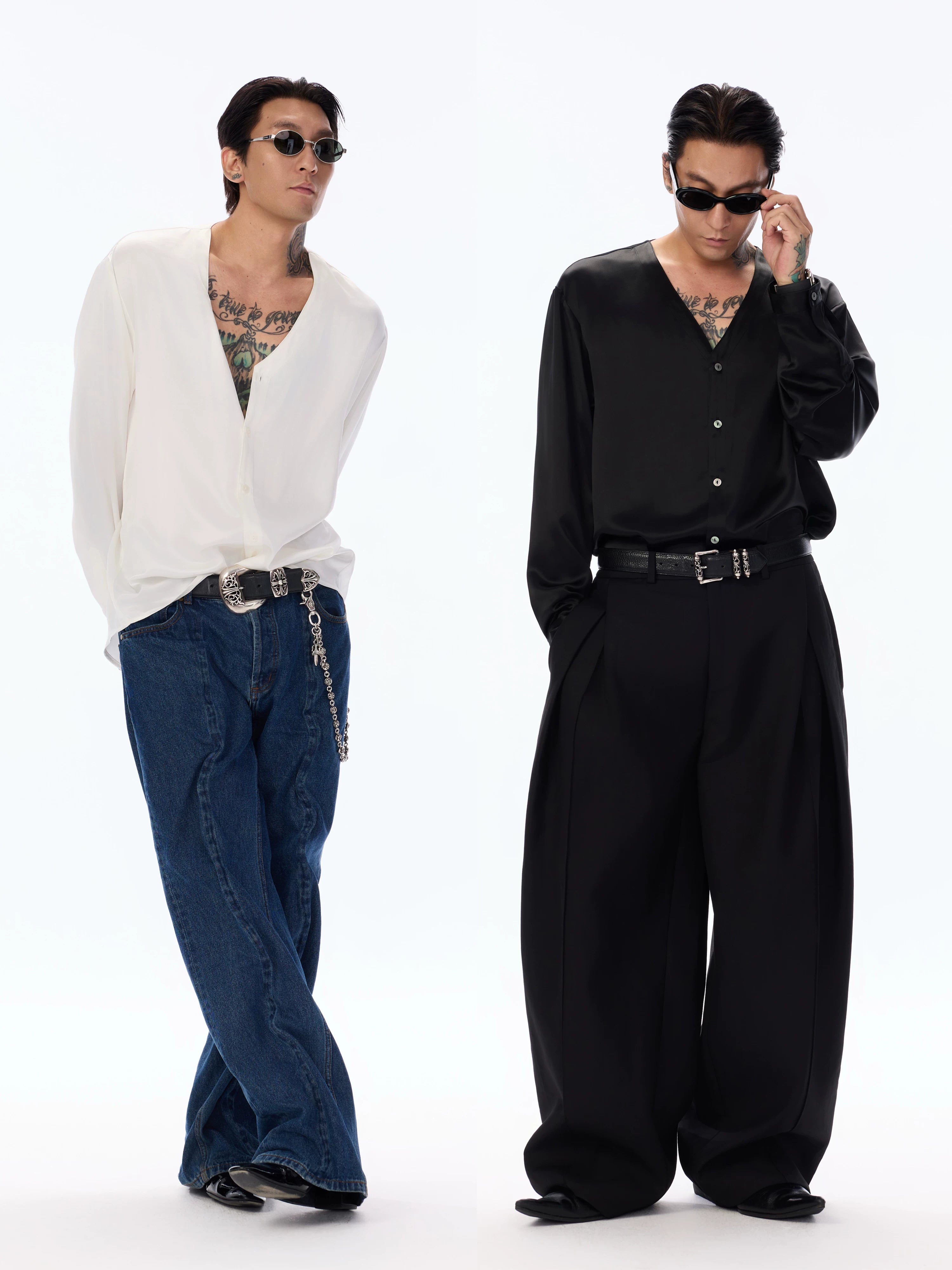 Satin V-Neck Acetate Long-Sleeve Shirt