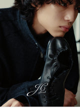Pleated Lace-Up Full Grain Leather Shoes