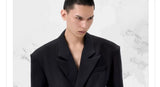Black Waist-cinched Wide-shoulder Herringbone Blazer