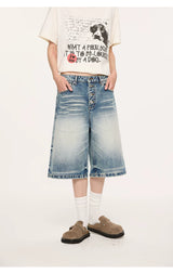 Whisker Wash Button Denim Shorts
