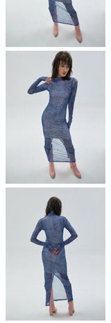 Denim Printed Long Sleeve Mesh Dress