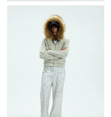 Washed Detachable Fur Zip Hoodie
