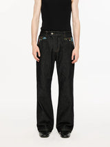 Washed Color-Blocked Floral Jacquard Flare Jeans