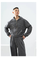 Gray Khaki Corduroy Embroidered Striped Zip-Hoodie