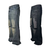 Two-Tone Distressed Wide Leg Flared Jeans