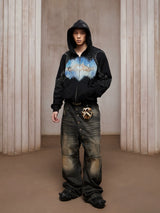 Star Rhinestone Heart Print Zip Hoodie