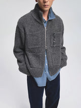 Alpaca Blend Multi-Pocket Zip Turtleneck Cardigan